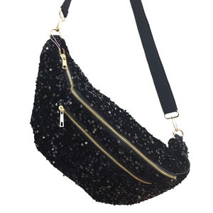 Banane Xl femme Glitter, Banane Pailette , Banane Sequin , Oversize bum bag , grand Sac banane femme , Bum bag , hip bag pochette banane Shine Black