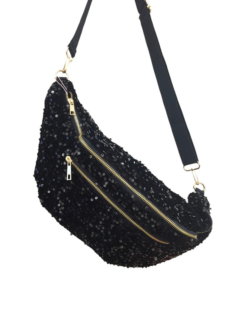 Banane Xl femme Glitter, Banane Pailette , Banane Sequin , Oversize bum bag , grand Sac banane femme , Bum bag , hip bag pochette banane Shine Black