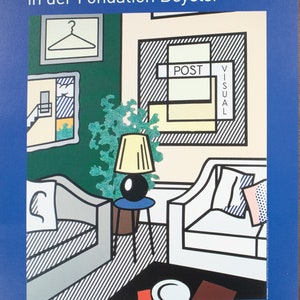 May include: A poster advertising an art exhibit titled "Contemporary Voices: The UBS Art Collection zu Gast in der Fondation Beyeler." The poster features a colorful, abstract painting of a room with two couches, a lamp, and a plant. The text "POST" and "VISUAL" are visible in the painting.