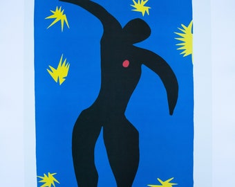 May include: A black silhouette of a person dancing against a bright blue background with yellow stars. The person has a red dot on their chest.