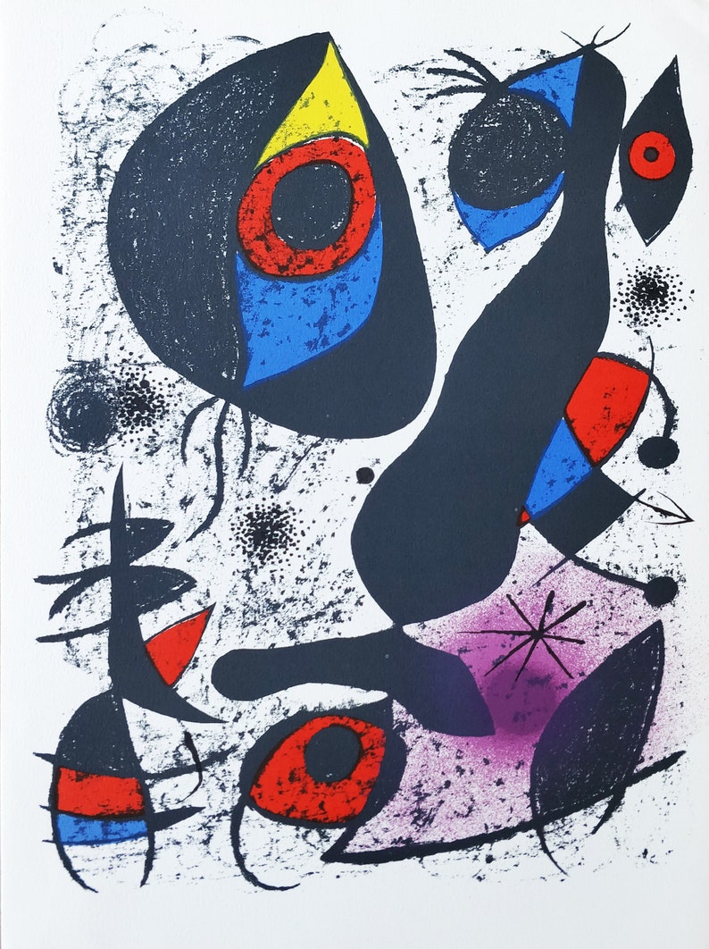 May include: Abstract art print featuring a black and white background with colorful shapes and lines. The shapes include a large black shape with a yellow, red, and blue eye, a smaller black shape with a red eye, and a purple shape with a black star.