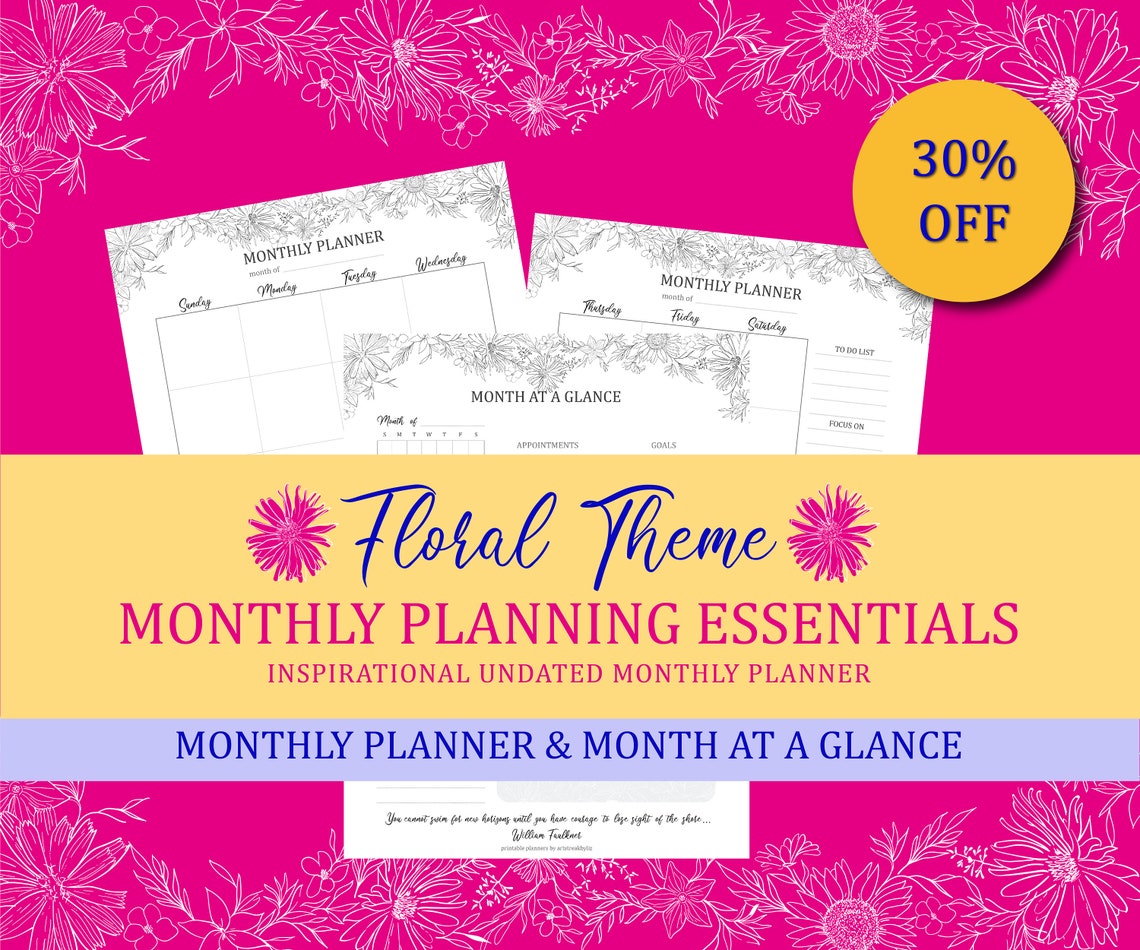 Floral Monthly Planner Floral Planner Printable Planner Set Etsy