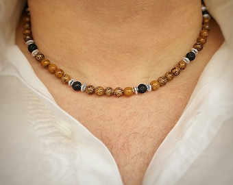 Men's Calligraphy Stone & Lava Bead Necklace