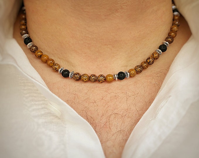 Men's Calligraphy Stone & Lava Bead Necklace