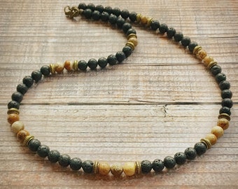 Mens Necklace Natural Jasper Beads with 925 Sterling Silver Clasp Handmade in UK 
