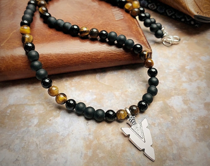 Men's Grade A Tiger Eye Arrowhead Beaded Necklace