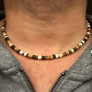 Men's Coconut Wood Necklace with Jasper Stone Beads: Rustic Surfer Style