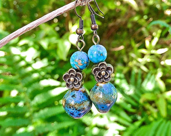 Glazed Ceramic Flower Drop Earrings (Two Styles)