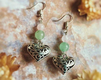 Women's Rose Quartz and Aventurine Crystal Heart Earrings, Boho Gemstone Bead Earrings, Dangly Silver Earrings, Romantic Gift,