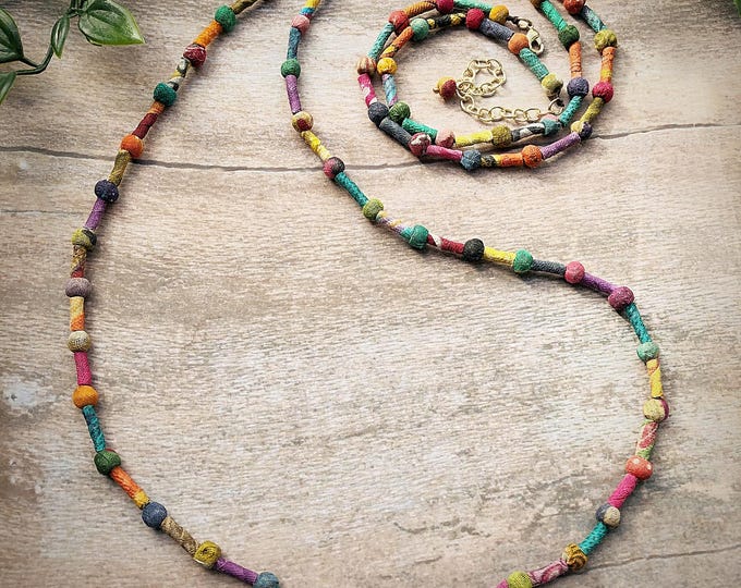 Kantha Textile Beads, Dotty Fairtrade Beaded Necklace