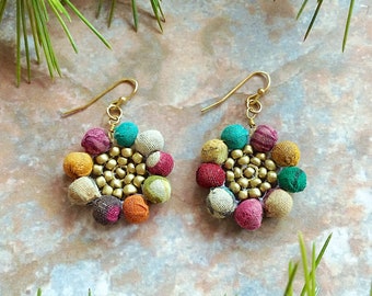 Kantha Textile Beads Fairtrade Flower Earrings