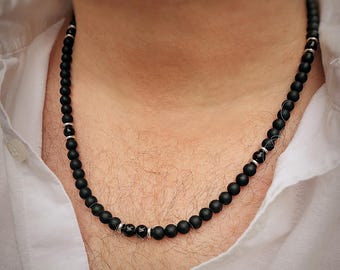 Men's Grade A Onyx & Agate Silver Beaded Necklace