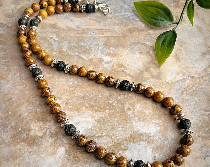 Men's Calligraphy Stone & Lava Bead Necklace