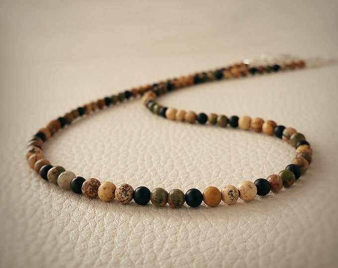 Men's Jasper & Green Unakite Bead Necklace