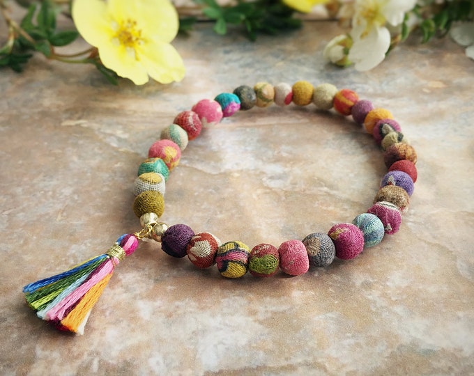 Kantha Textile Beads Fairtrade Beaded Tassel Bracelet