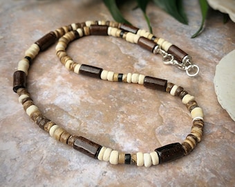 Men's Rustic Coconut Bay Necklace, Surfer Style Beads, Men's Wooden Necklace, Boho Gemstone Necklace, Men's Bead Necklace, Father's Day Gift