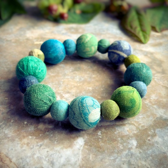 Water Lilies Women's Fairtrade Beaded Bracelet, Blue and Green Fabric Bracelet, Big Bead Bracelet, Boho Bracelet, Bead Bracelets for Women