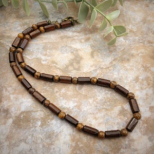 Men's Calligraphy Stone & Wood Bead Necklace: Boho Surfer Style