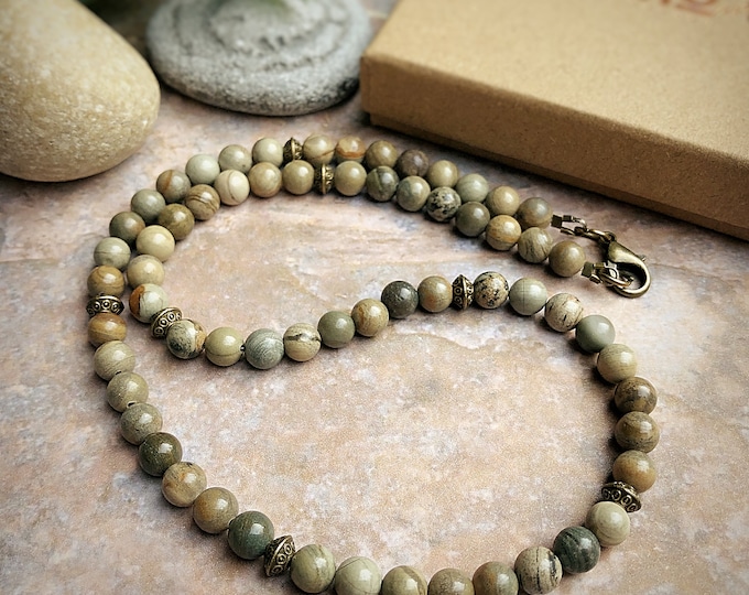 Men's Leaf Jasper Bead Necklace