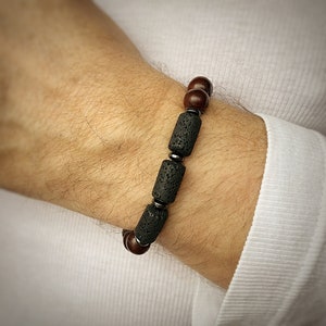 Men's Lava & Wood Bead Bracelet: Adjustable Boho Cord