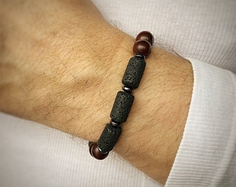 Men's Adjustable Lava & Wood Bead Bracelets