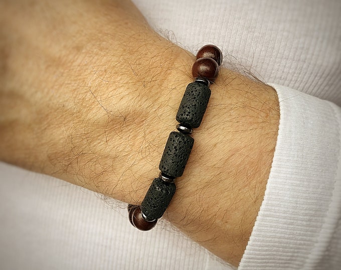 Men's Adjustable Lava & Wood Bead Bracelets