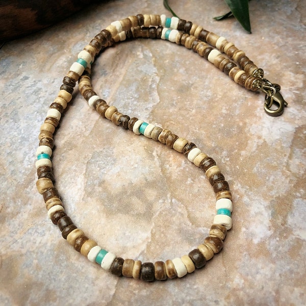Bohemian Surfer Necklace For Men – Wood & Turquoise Beads, Adjustable 18+2.7 Inches – MLD Trading