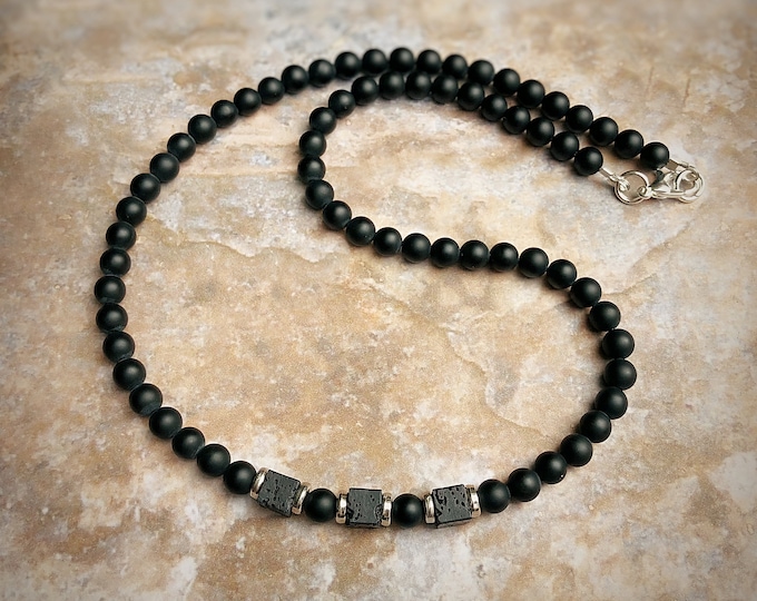 Midnight Black Agate & Volcanic Lava Bead Necklace