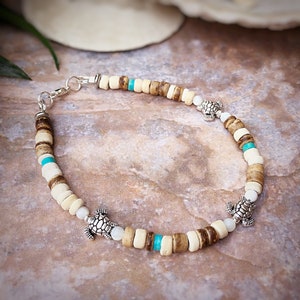 Rustic Turtle Bead Anklet: Coconut Wood, Mother of Pearl Shell and Turquoise Gemstone