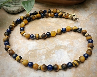 Men's Grade A Lapis Lazuli & Frosted Tiger Eye Necklace