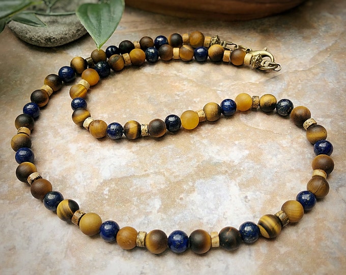 Men's Grade A Lapis Lazuli & Frosted Tiger Eye Necklace