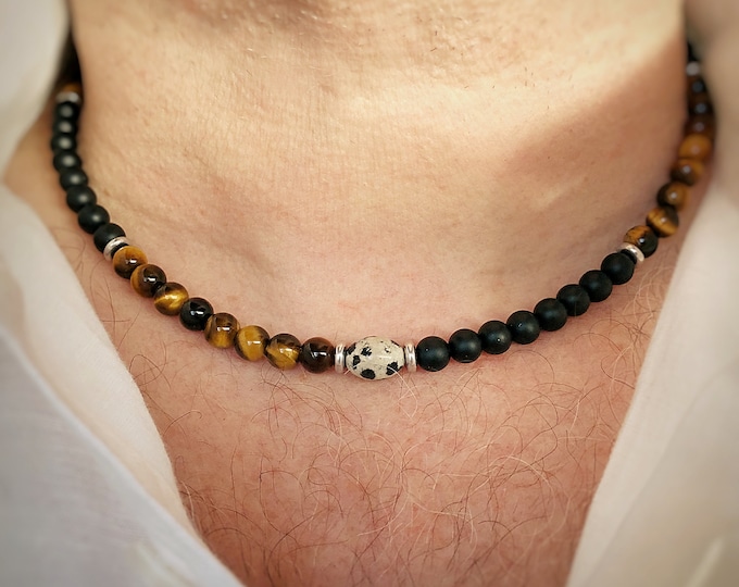 Men's Dalmatian Jasper & Tiger Eye Bead Necklace