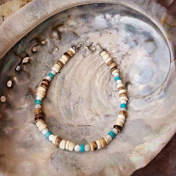 Rustic Ocean Turquoise Anklet, Women's Wood Bead Anklet, Shell Bead Anklet, Boho Beach Jewellery, Boho Ankle Bracelet, Anklets for Women