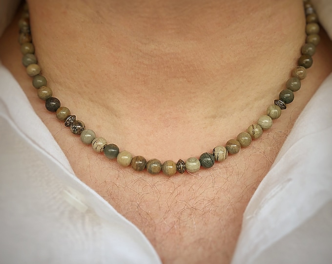 Men's Leaf Jasper Bead Necklace