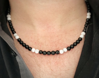 Men's White Howlite & Black Onyx Bead Necklace