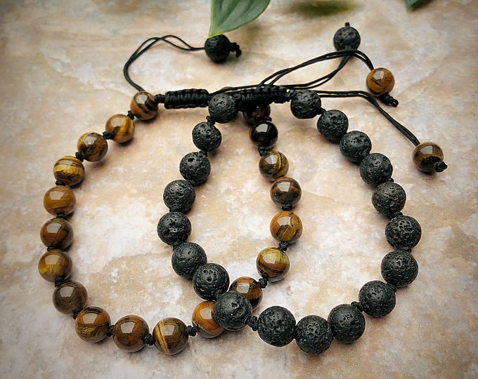 Men's Adjustable Tiger Eye & Lava Bead Bracelets