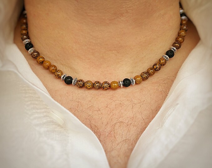 Men's Calligraphy Stone & Lava Bead Necklace