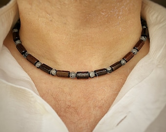 Men's Snowflake Obsidian Surfer Necklace