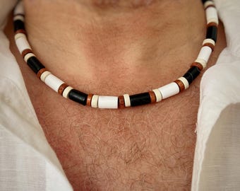 Men's Black and White Maple Wood Bead Necklace: Rustic Surfer Style