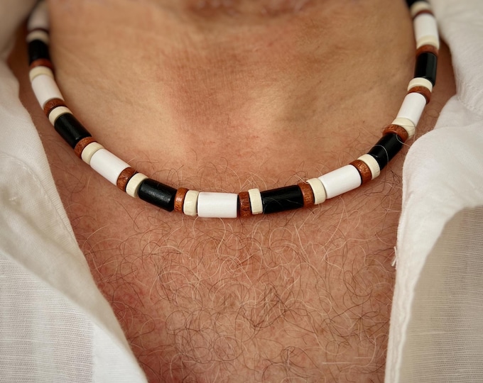 Men's Black and White Maple Wood Bead Necklace: Rustic Surfer Style