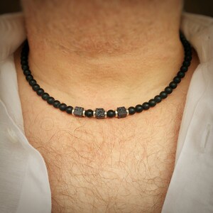 Men's Grade A Agate & Lava Bead Necklace, Boho Black Gemstone Jewelry