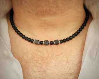 Men's Grade A Midnight Black Agate & Volcanic Lava Bead Necklace