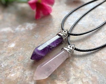 Amethyst and Rose Quartz Crystal Pendant Necklaces