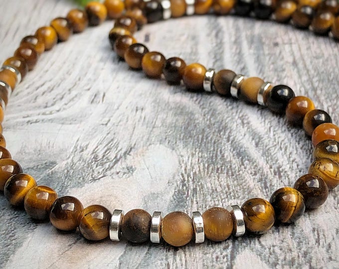 Men's Grade A Tiger Eye Bead Necklace in Frosted and Gloss Finishes