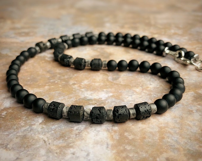 Midnight Black Agate, Lava & Jasper Beaded Necklace