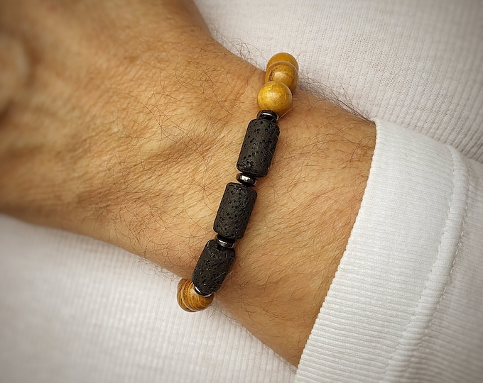 Men's Adjustable Lava & Wood Bead Bracelets