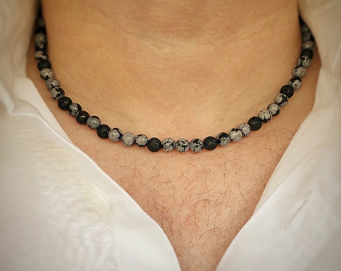 Men's Black Obsidian & Lava Bead Necklace