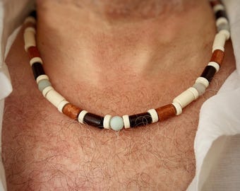 Men's Frosted Amazonite and Maple Wood Bead Necklace: Rustic Surfer Style