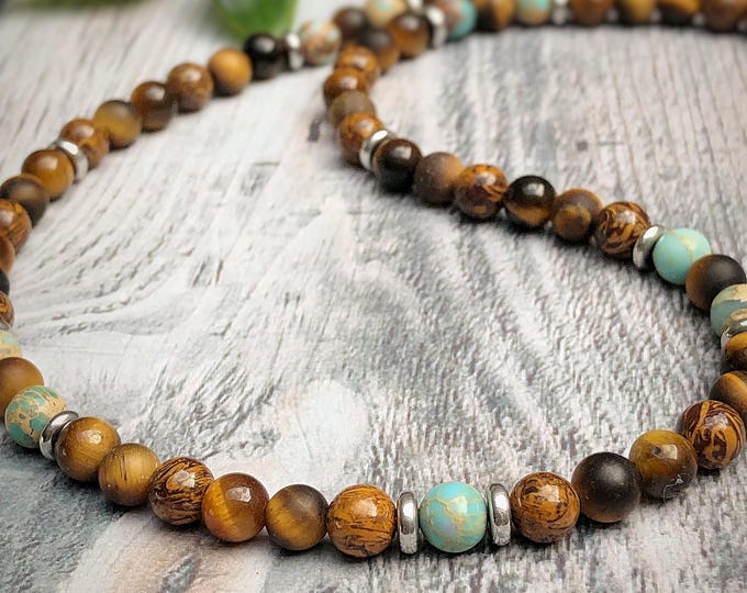 Men's Sea Sediment Jasper and Calligraphy Stone Tiger Eye Bead Necklace