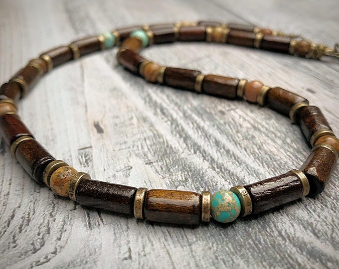 Men's Sea Sediment Jasper and Wood Surfer Style Necklace